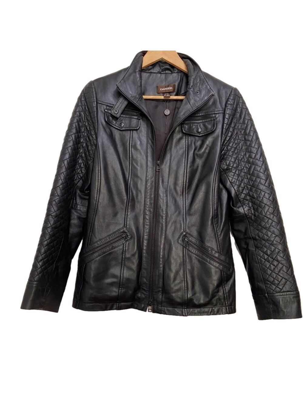 DANIER black genuine leather jacket soft contemporary pockets bikercore moto XS